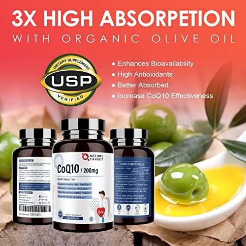 USA imported Nature Target CoQ10 bottle highlighting GMP certification logo.