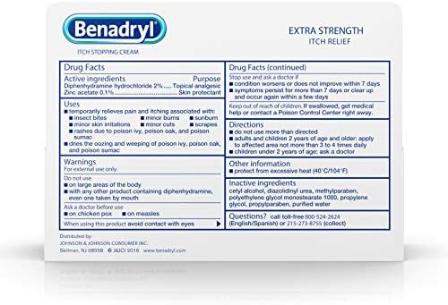 Benadryl anti itch cream tube showing active ingredient information for diphenhydramine hydrochloride and zinc acetate