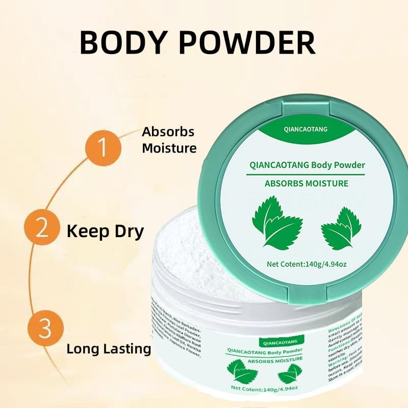 QIANCAOTANG imported USA skincare body powder with soothing aloe vera and lavender scent.