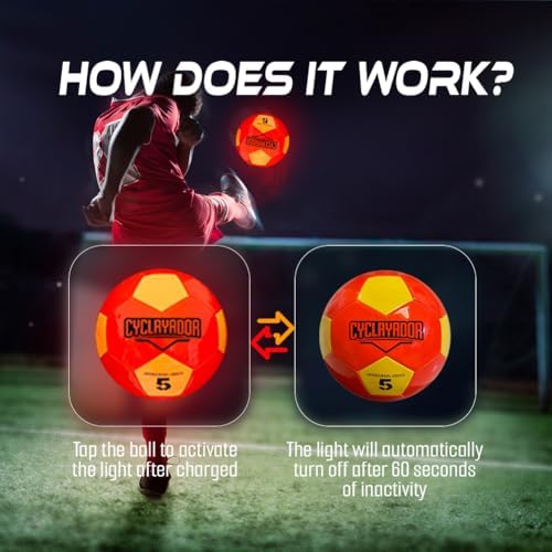 Cyclryador impact activated soccer ball glowing brightly in a dark backyard grass environment during evening recreational play.