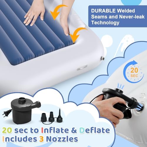 Deeteck travel bed for toddlers showing raised safety bumpers and reinforced seams
