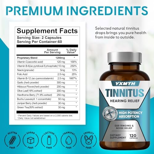 YXMTH Tinnitus Hearing Relief Supplement packaging box and bottle