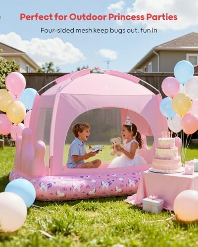 QPAU blow up toddler travel bed with rainbow and unicorn graphics on mesh tent