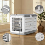 Side profile of Gardner Pet medium dog kennel highlighting the smooth-rolling wheels and sturdy carry handles.
