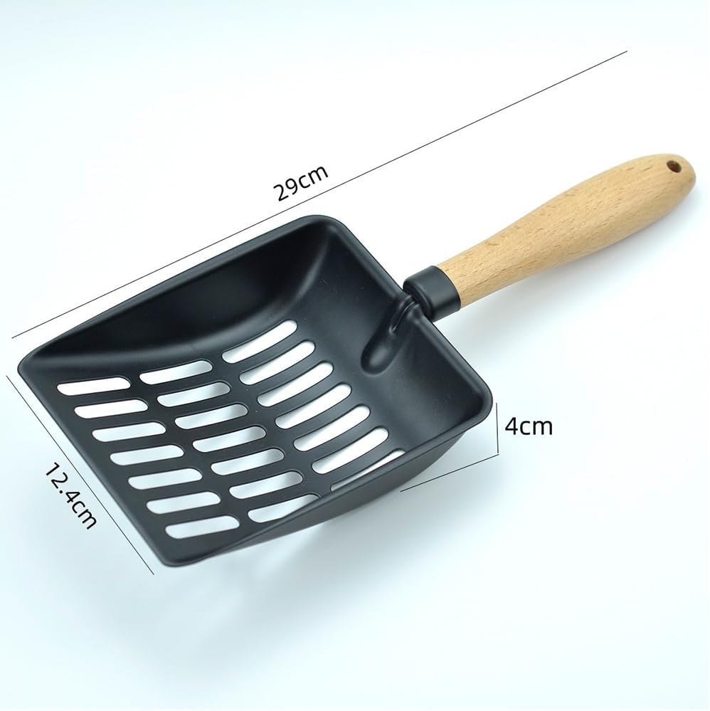 Ergonomic wooden handle of Egmehoad metal cat litter scoop for large cats.