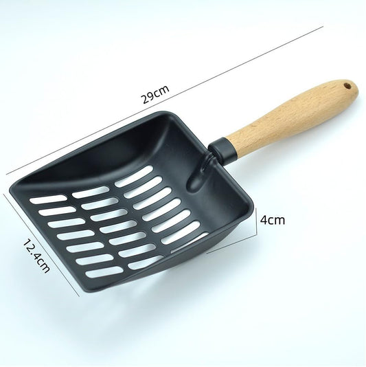 Ergonomic wooden handle of Egmehoad metal cat litter scoop for large cats.