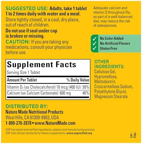 Close up view of the gluten free and no artificial flavor labels on Nature Made Calcium bottle
