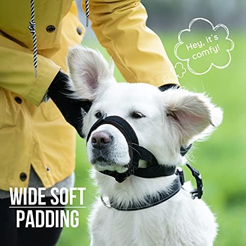 GoodBoy gentle pet muzzle connected to a collar showing the secure escape proof attachment design