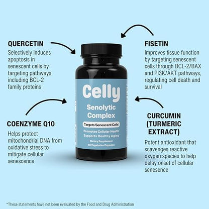 Side label of Celly healthy aging supplement thirty servings count
