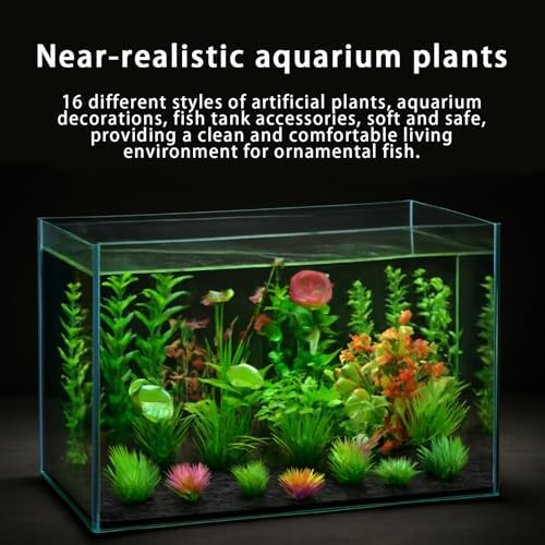 Complete collection layout of the sixteen piece realistic artificial aquarium plants package.