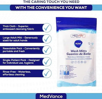 Back label view of MedVance wash mitts detailing the eight glove body zone protocol and usage instructions.