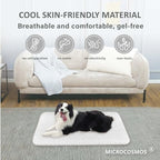 MICROCOSMOS dog cooling pad laid flat on a living room floor showing its 28 by 22 inches size dimensions.