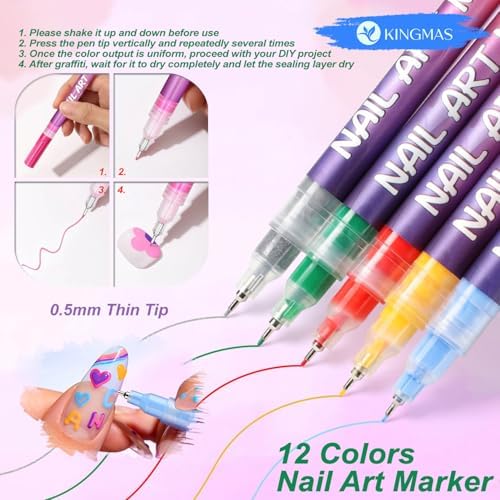 Full set of 12 vibrant nail art pens by Kingmas