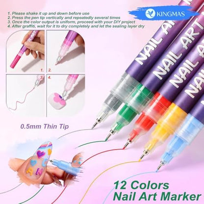 Full set of 12 vibrant nail art pens by Kingmas