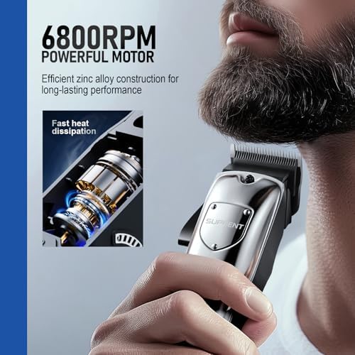SUPRENT cordless trimmer kit with six metal guide combs and barber cape