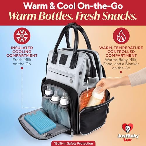 JustBaby Luv backpack displaying USB heated bottle pockets