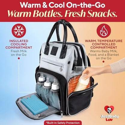 Close-up view of the insulated heated bottle pockets with digital temperature control buttons.