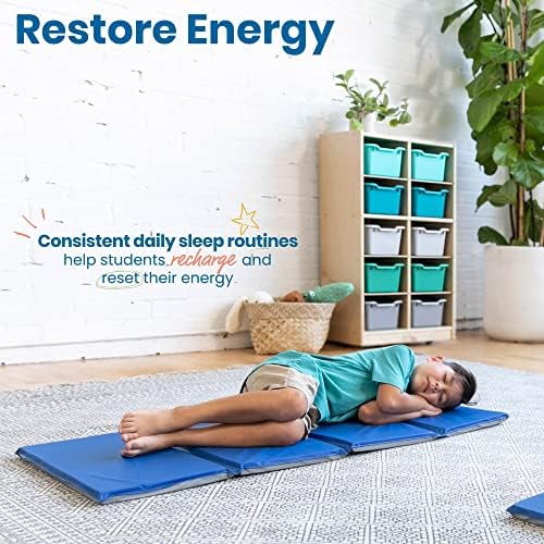 ECR4Kids Everyday Folding Rest Mat, 4-Section, 1in, Sleeping Pad, Blue/Grey, 5-Pack - Image 4