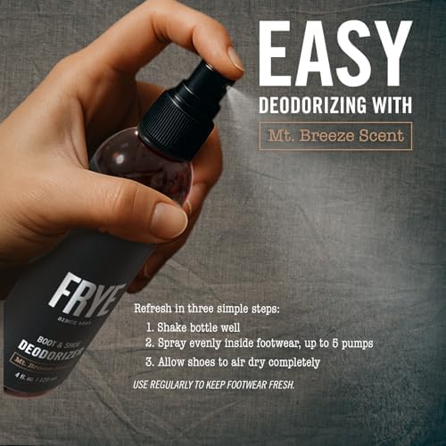 Frye enzyme shoe deodorizer spray being applied inside a leather work boot for maximum odor protection