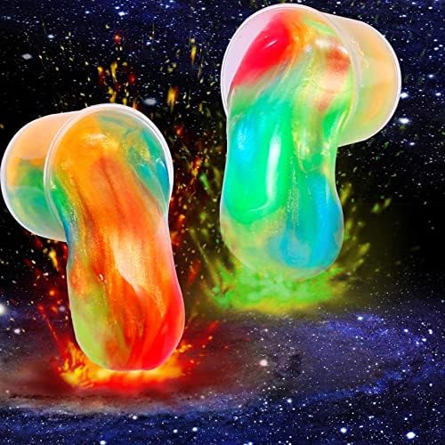Close up of stretchy non sticky unicorn colored galaxy slime held in hands