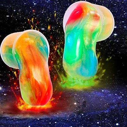 Close up of stretchy non sticky unicorn colored galaxy slime held in hands