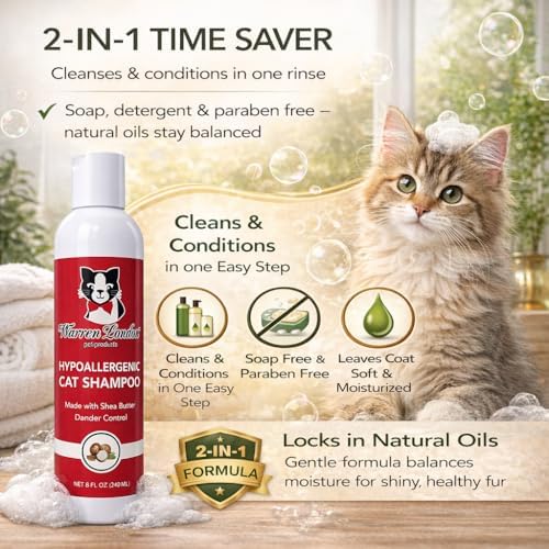 Anti-allergen cat wash packaging highlights showing paraben-free and dye-free benefits