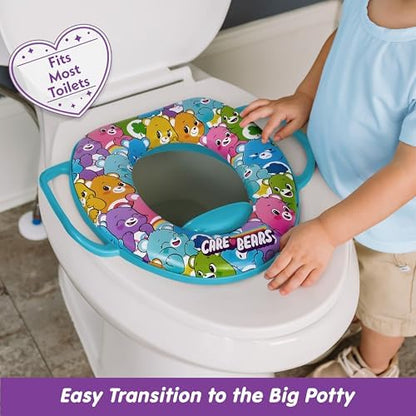 Care Bears soft potty training seat demonstrating its universal fit on a standard adult toilet bowl.