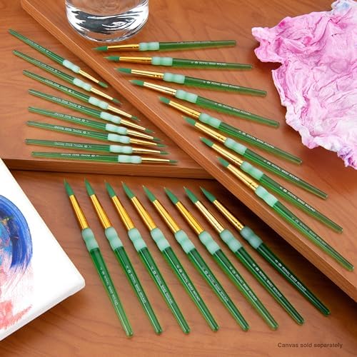 Close up of Omnia Big Kids Choice synthetic Taklon round brushes with green non slip rubber grips
