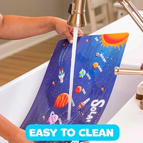 Hapinest washable children placemat showcasing labeled planets of the solar system graphic.
