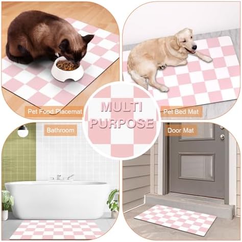 Cat Food Mat - 12"x 20" Cat Dog Mats for Food and Water Bowl, Checkered Pet Placemat Feeding Mat, Non-Slip Under Pet Bowls Mats for Messy Drinkers, Pink & White - Image 7
