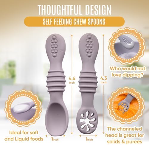 Food grade silicone baby utensils in light pink and army green