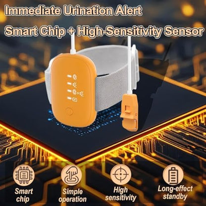 Invyxr enuresis alarm with adjustable arm strap and charging cable.