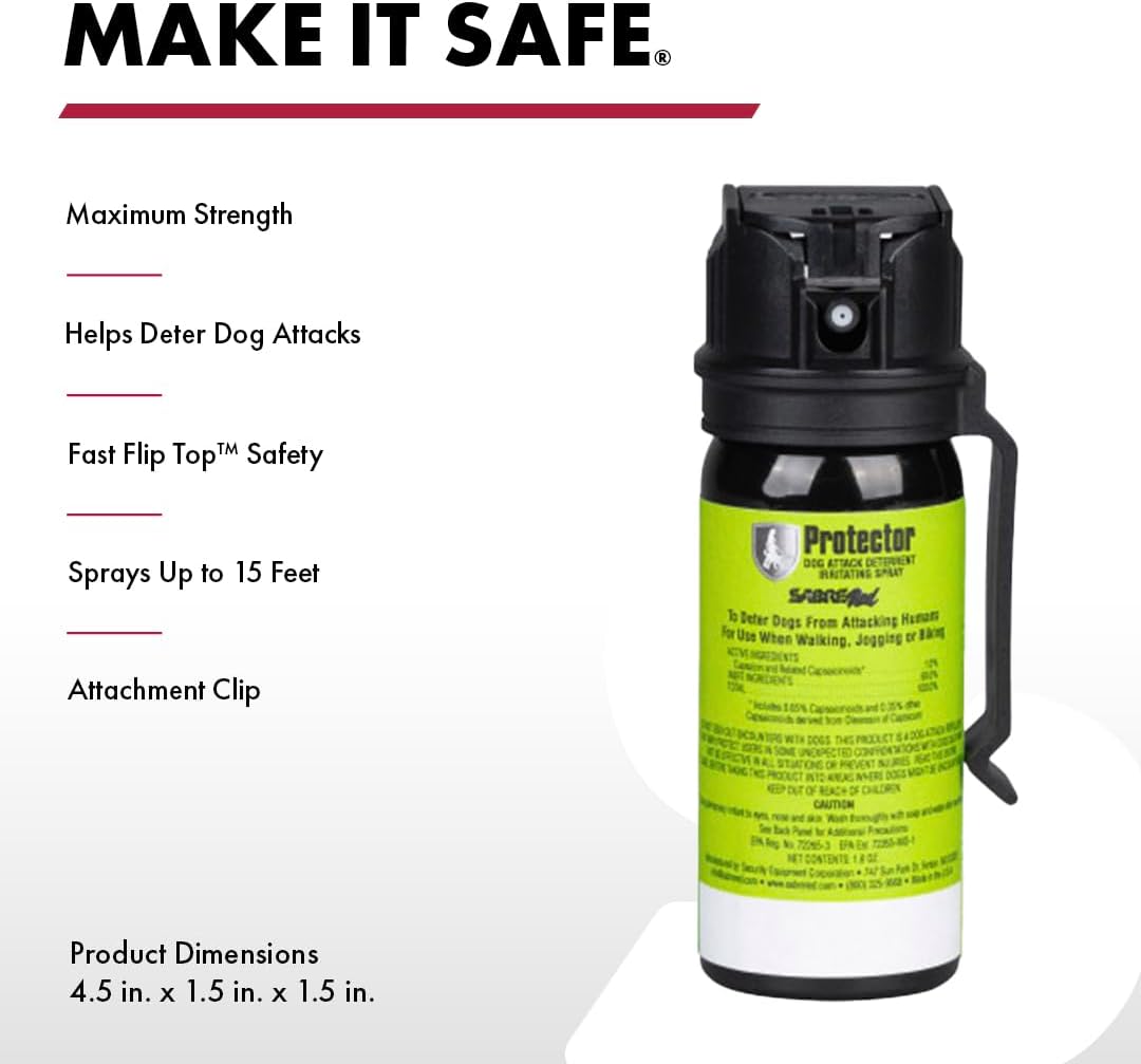 Sabre dog deterrent spray canister showing flip-top safety mechanism
