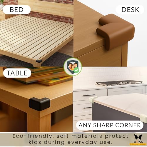 Baby proofing corner guards installed on a wooden table corner