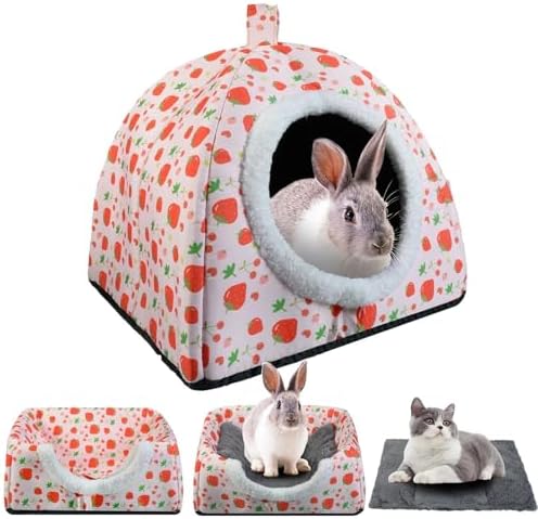 Warm Rabbit Hideout, Washable Bunny Bed & Hideaway House with Strawberry Design, Cozy Fleece Hut for Indoor Rabbits Guinea Pigs and Other Small Animals - Image 2