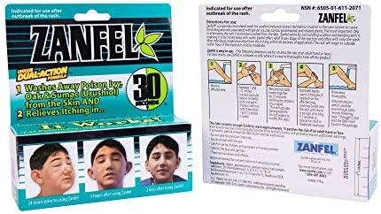 Infographic on Zanfel packaging showing skin reaction before and after urushiol removal.