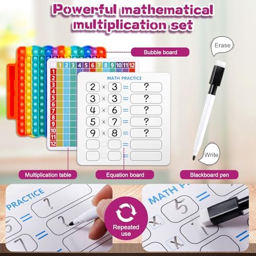 Complete educational set packaging featuring the rainbow multiplication pop it toy and math practice board accessories.