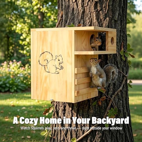 Extra Large Squirrel House for Outside with Stand & Predator Proof, Large Squirrel Box for Outside with Easy-Clean Front Door, Wooden Squirrel Nesting Box for Chipmunks and Small Animals - Image 6