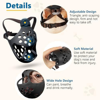 Barkless short snout bulldog muzzle package contents with instruction manual