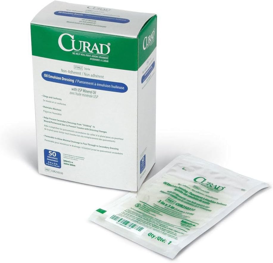 Curad sterile oil emulsion non adherent gauze dressing fifty count front box view