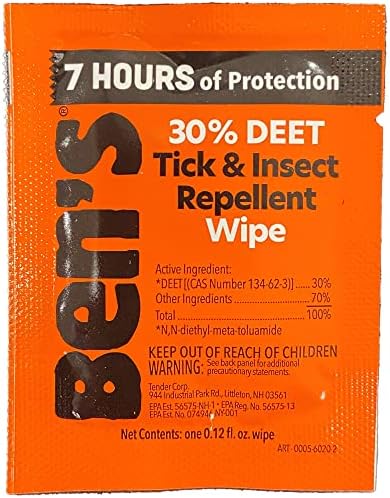 Ben's water based 30 percent DEET tick repellent wipes for outdoor protection