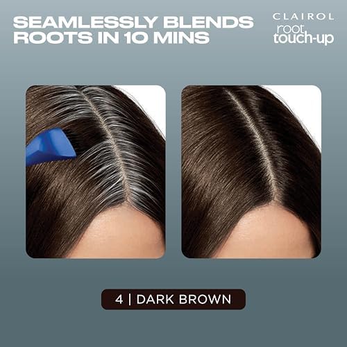 Top view of Clairol root touch up box highlighting shade number four dark brown selection