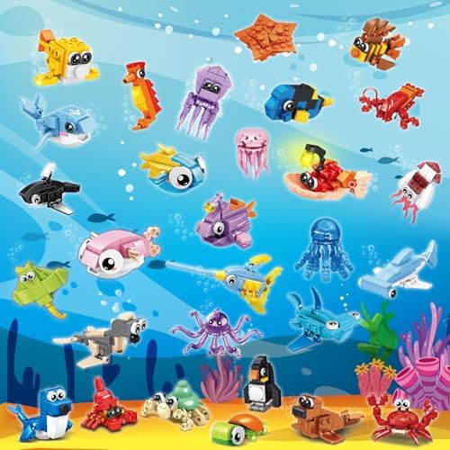 Individual packages of sea creature building blocks including miniature sharks and dolphins