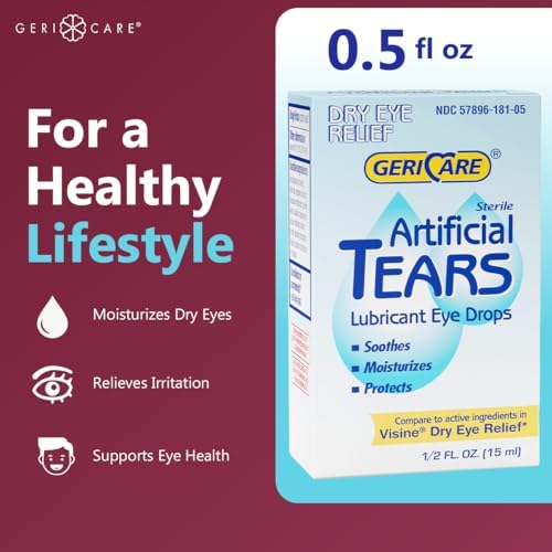 GeriCare sterile eye drops packaging showing active ingredients and usage instructions