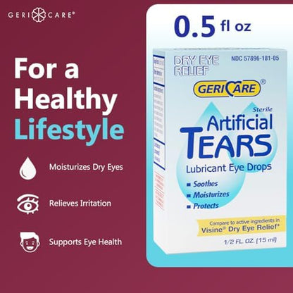 GeriCare sterile eye drops packaging showing active ingredients and usage instructions