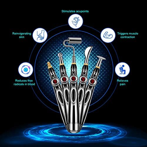 Electronic meridian energy pen with five interchangeable massage heads displayed.