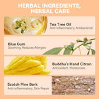 PUAINTA sensitive skin pet shampoo bottle highlighting tea tree oil and blue gum ingredients.