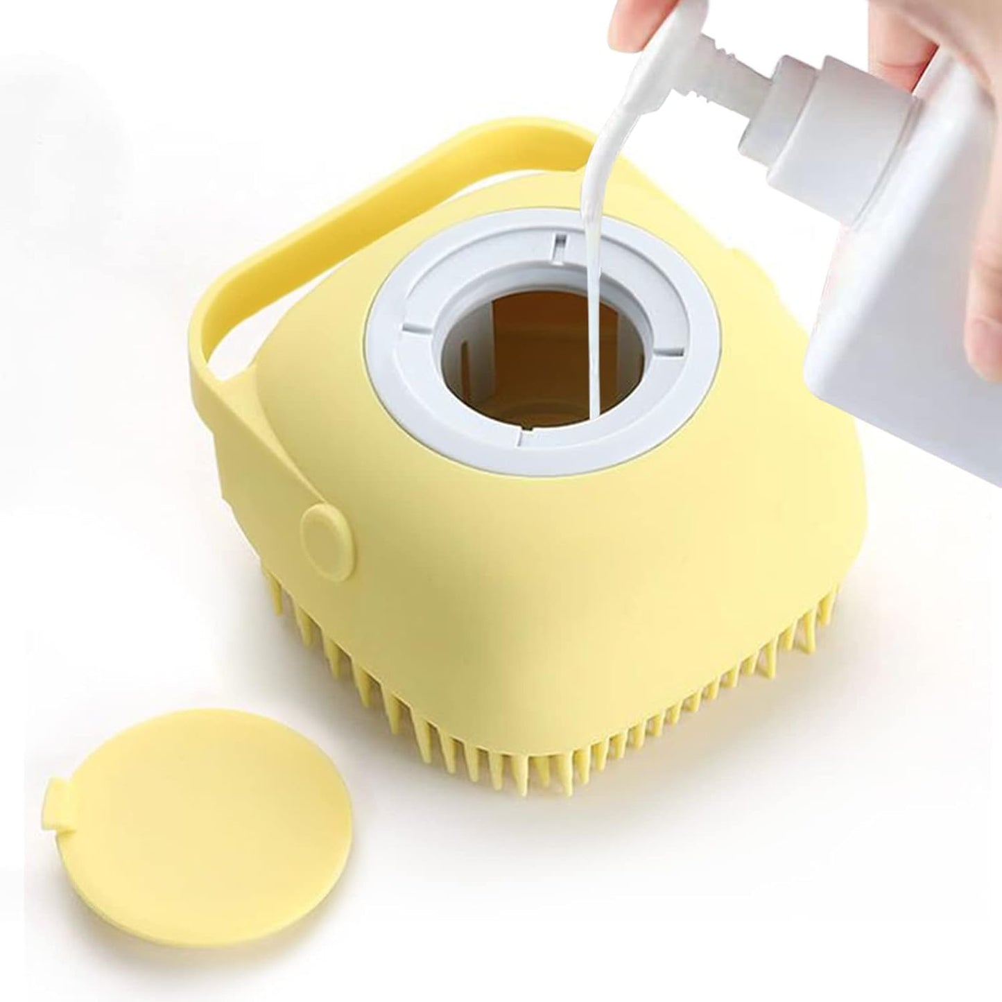 ELEGX pet grooming bath massage brush front view showing yellow silicone body