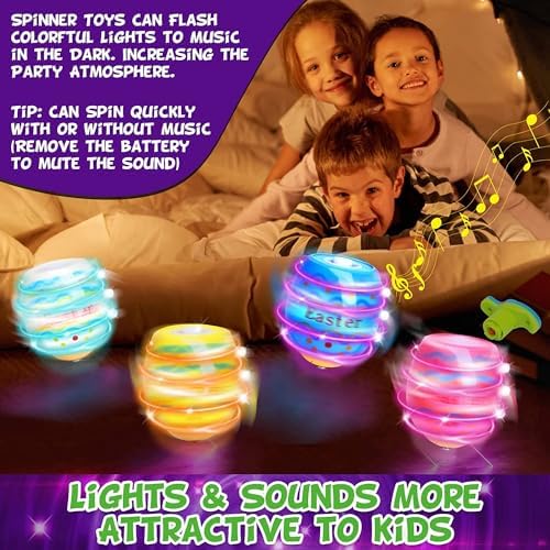 Close up of musical flashing egg spinning tops