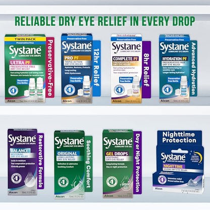 Two 10ml bottles of Systane Ultra Preservative-Free eye drops for travel and home use.